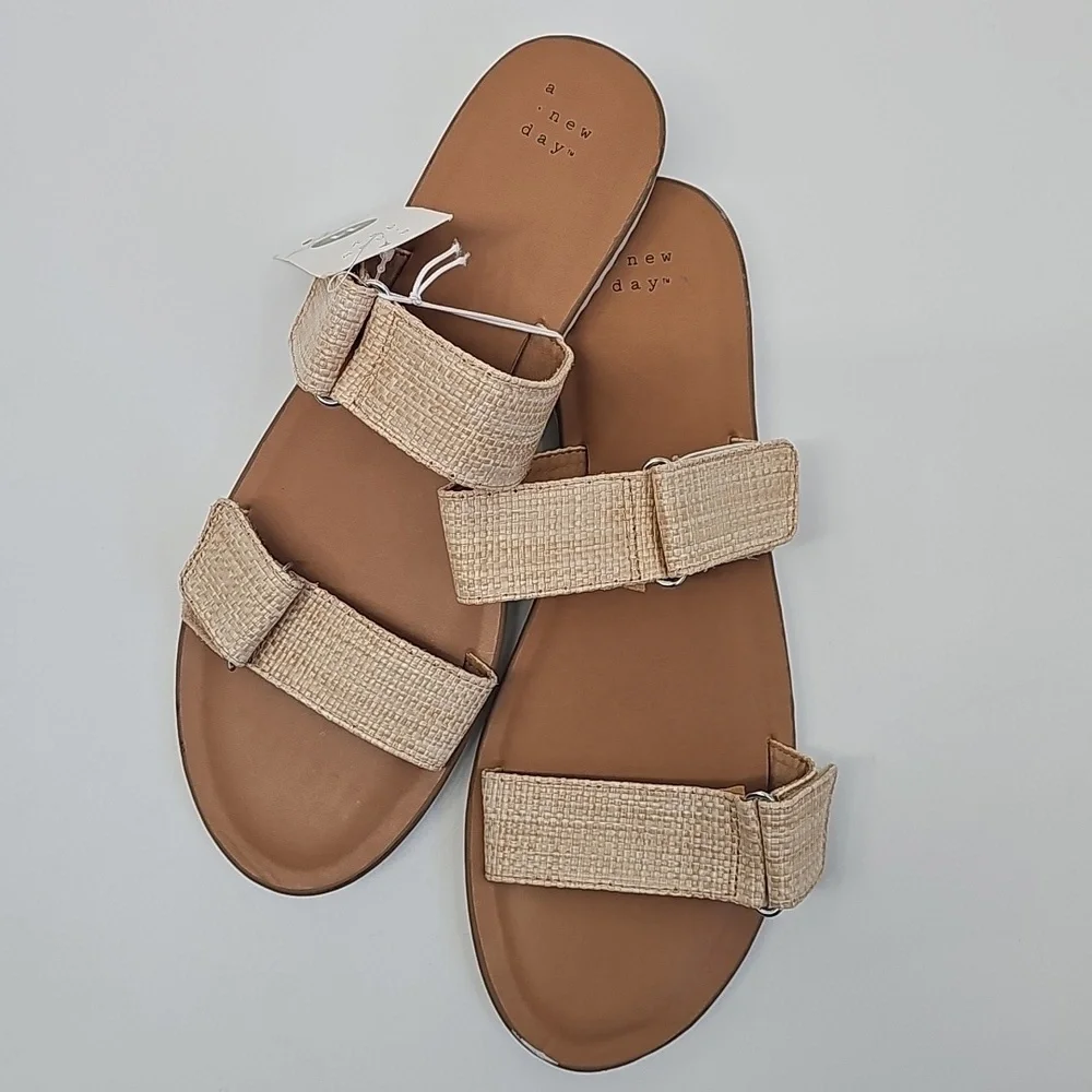 A New Day Tan Weave Slide Sandals w 2 Thick Velcro Straps Tread Bottoms‎ Sz:11